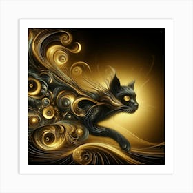 Black Cat With Gold Swirls Art Print