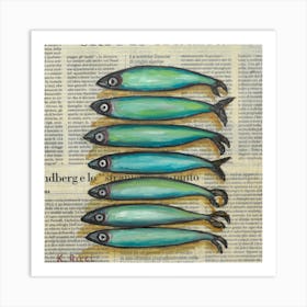 Minimal Sardines Fishes Anchovies Ocean Inspired Food Art On Newspaper For Kitchen Farmhouse Rustic Minimal Neutral Colores Decoration Art Print