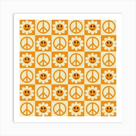 Checkered Smiling Flowers and Orange Peace Signs Art Print