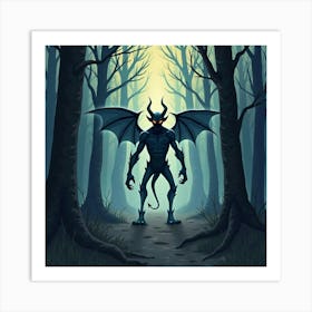 Demon Lurking In A Haunted, Watercolor Forest With Eerie Glow 1 Art Print