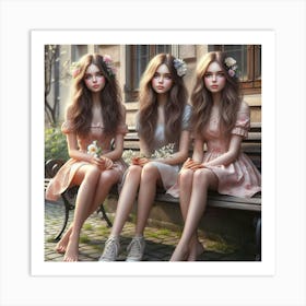 Three Girls Sitting On A Bench 4 Art Print
