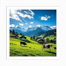 Alpine Pastoral Landscape Cows Grazing On Lush Green Slopes Snow Capped Mountains In The Distance Art Print