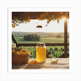 Honey Bees On A Wooden Table Art Print