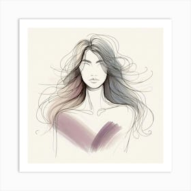 Abstract Beauty With Long Hair Portrait Drawing With Some Acent Colors Art Print