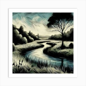 An Impressionist Illustration Depicts A River Winding Through A Meadow Featuring A Thick Black Outline 3 Art Print