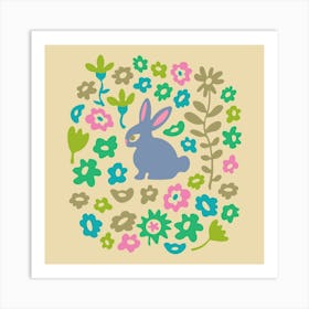 BUNNY RABBIT Cute Animal and Flowers in Springtime Pastels Purple Green Blue Pink Beige Kids Art Print