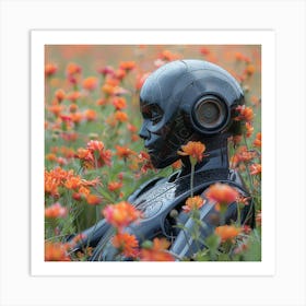 Robot In A Field Of Flowers Art Print