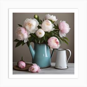 A Cozy Cottage Inspired Scene With A Bunch Of Peonies In A Vintage Enamelware Jug As Your S Art Print