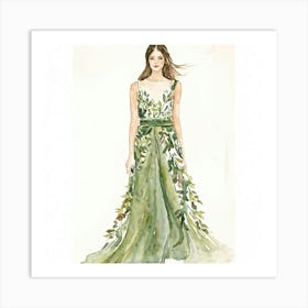 Watercolor Illustration Of An Eco Friendly Frock Flowing Fabric Captured Mid Drape Leaves And Smal Art Print