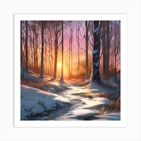 Winter Woodland Stream at Sunset 2 Art Print