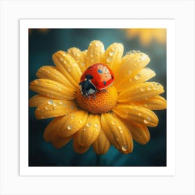 Ladybug On A Yellow Flower Macro Art Print