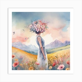 Watercolor Of A Woman With Flowers Art Print