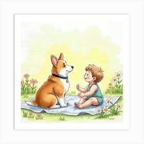 Watercolor Of A Welsh Corgi And Child Enjoying A Springtime Picnic 1 Art Print