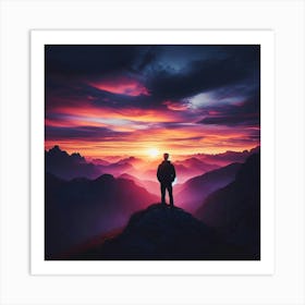 Man Standing On Top Of Mountain At Sunset Art Print