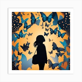 Silhouette Of A Girl With Butterflies Art Print