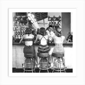 The Girls At The Bar, Vintage Black and White Old Photo, Bar Cart Decor Art Print