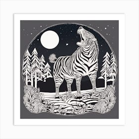 Sticker Art Design, Zebra Howling To A Full Moon, Kawaii Illustration, White Background, Flat Colors 1 Art Print