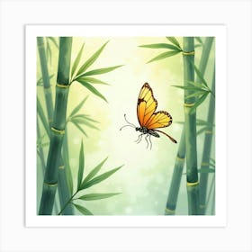 A Delicate Butterfly Hovering Over A Bamboo Forest, Painted In Soft Watercolor 1 Art Print