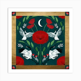 Poppies, Moon And Cranes Art Print