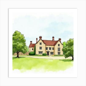 Watercolor Scene Of The Nunnington Hall In North Yorkshire, Featuring Its Historic Design And Tranquil Grounds Art Print