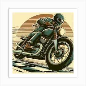 A Guy Riding A Motorcycle Fast Around A Curve Retro Art Stlye Art Print