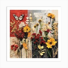 Collage Of Flowers And Butterflies, Design An Eclectic Collage With A Combination Of Fabric Swatches Dried Flowers Art Print