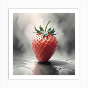 A Single Strawberry With Green Leaves Is Sitting On A Grey Surface With Subtle Brushstrokes Art Print