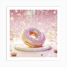 Whimsical 3d Illustration Glazed Porcelain Donut Floating Shimmering Gold Sprinkles Pastel Hues Art Print