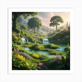 A Serene, Idyllic Landscape Of A Post Human World, Teeming With Vibrant, Emerald Green Foliage, (2) Art Print