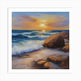 The sea. Beach waves. Beach sand and rocks. Sunset over the sea. Oil on canvas artwork.4 Art Print