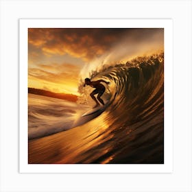 Surfer Riding A Wave At Sunset Art Print