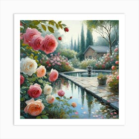 Rose Garden With The Fountain, Acrylic Style Painting 26 Art Print