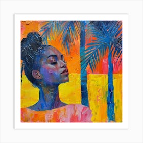 Woman In Front Of Palm Trees Art Print