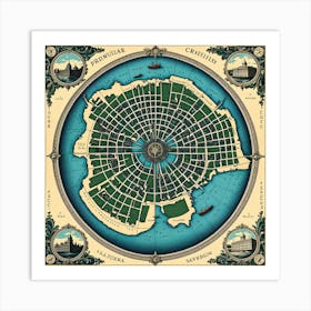 A Vintage Map, Of A Historic City With Ornate Borders And Labels art print 18 Art Print