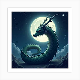 Celestial Dragon Spiraling Around A Glowing Moon In A Night Sky 1 Art Print