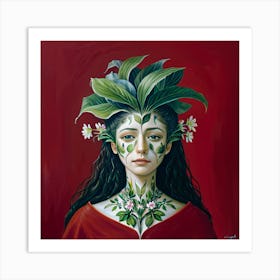 Woman With Leaves On Her Face Art Print