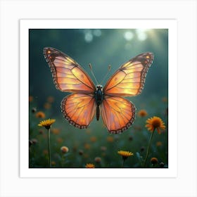 A Surreal Butterfly With Wings Of Liquid, Iridescent Light Fluttering Through A Magical Meadow Art Print