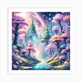 A Fantasy Forest With Twinkling Stars In Pastel Tone Square Composition 323 Art Print