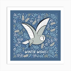 Christmas Owl Blue Square Illustrated Art Print