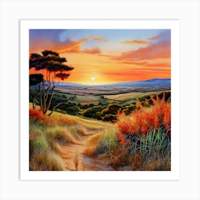 Watercolor Tuscany Tropical sceen Vibrant Colours Sunset Pale Blue Sky Shades Of Terracotta Art Print