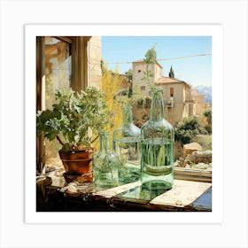 Glass Bottles On A Window Sill Art Print