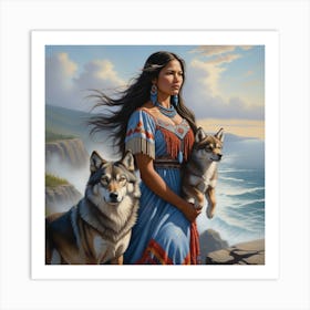 Native American Woman With Wolves Art Print