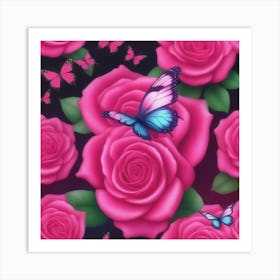 Pink Roses With Butterflies 1 Art Print