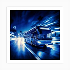 Blue City Bus At Night Art Print