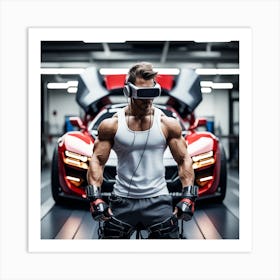 Alpha Male Model Working Out With Heavy Weight Machine, Wearing Futuristic Sonic Armor Exoskeletons And Vr Headset With Headphones Award Winning Photography With Sports Car, Designed By Apple Studio Art Print