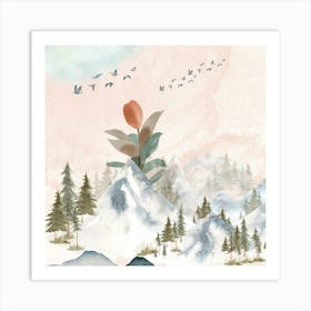 Flower In The Mountains, snowy mountains Realistic illustration of mountain landscape with hill and forest with coniferous trees, Alpine mountain , nature mountains Art Print