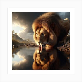 Lion Drinking Water Art Print