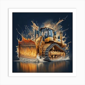 Yellow bulldozer surrounded by fiery flames 2 Art Print