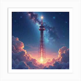 Space Elevator Reaching The Stars, Watercolor Cosmic Hues Art Print