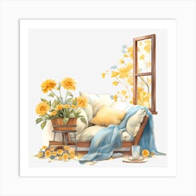 Yellow Flowers By The Window Art Print